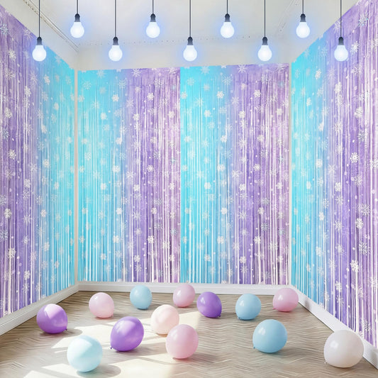 4 Pack 3.3x6.6 Ft Winter Princess Birthday Party Decorations Snowflake Backdrop Tinsel Foil Fringe Curtains Ice and Snow Birthday Party Supplies Snowflake Photo Booth Prop Backdrop Streamer