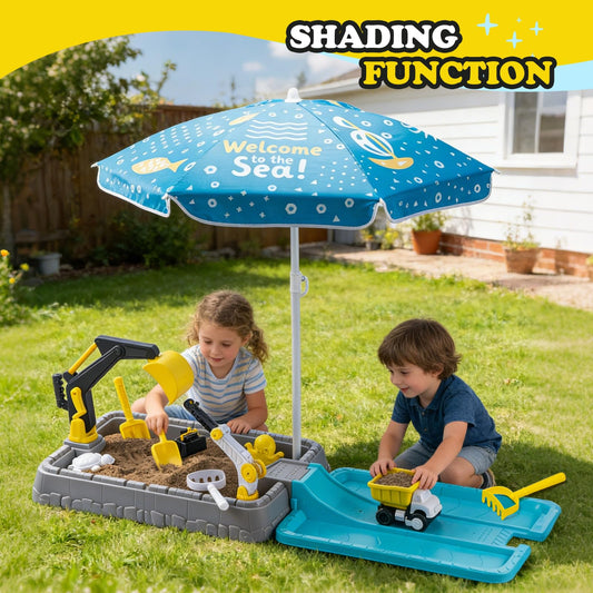 VROGTIK Kids Excavator Sandbox with Umbrella & Cover, Construction Sandbox Set with Beach Toys & Dump Truck, Outdoor Educational Play Set for Toddlers Ages 3-12