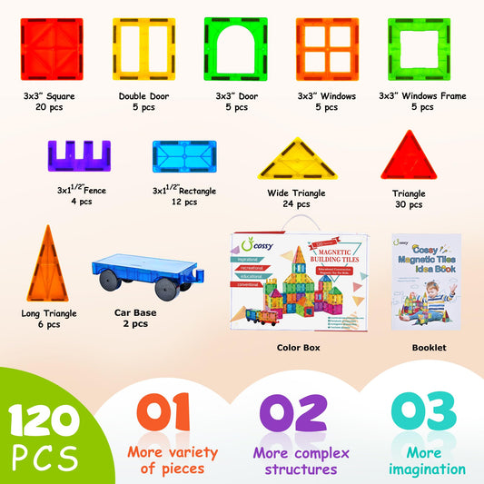 cossy 120Pcs Magnetic Tiles Magnetic 3D Building Blocks Set Educational Construction Toys for 3 4 5 6 7 8 Year Old Boy and Girl with Stronger Magnets, Educational Toys, Recreational, Conventional