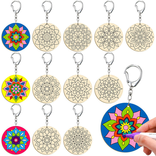 RattanView 24 Pcs Mandala Craft Color Your Own Keychains DIY Craft Wooden Blank Keychains for Sunday School Classroom Home Active Party Favors Gifts, 12 Styles