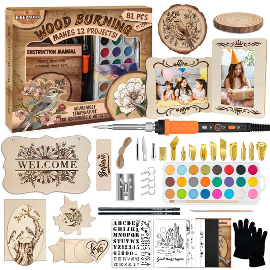 K KERNOWO Wood Burning Kit - 81Pcs All-in-One Wood Burning Tool Pen Adjustable Temperature Wood Burner Kit Crafts Gifts for Adults & Teens, Woodburning Kits for Beginner Pyrography