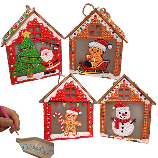 Party Ready LED Light-Up Diamond Painting Christmas Houses – DIY Rhinestone Mosaic Wooden Ornament Set, Holiday Tabletop Decor, Kids Craft Kit (Four Ornament Set)
