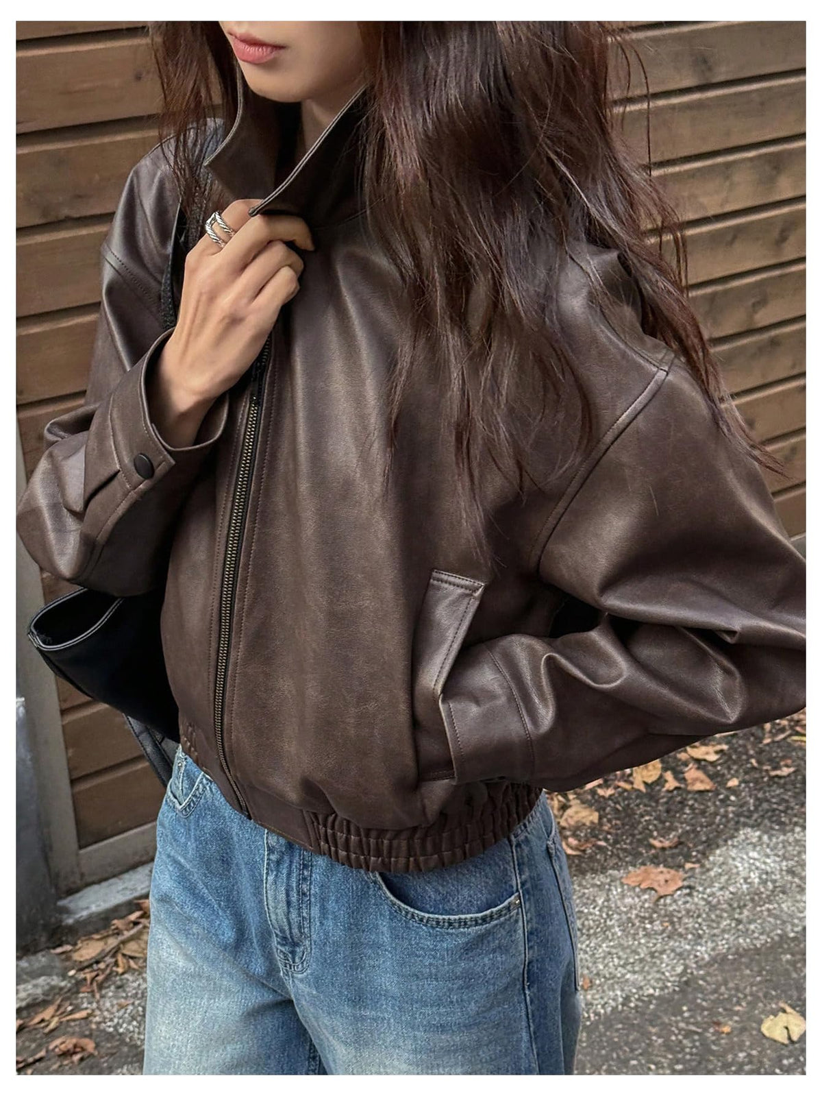 Milumia Women's Faux Leather Zip Up Jacket Vintage Collared Long Sleeve Motorcycle Jackets Brown Small