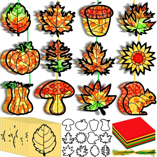 AmazingSpark 36 Set Thanksgiving Harvest Fall Suncatcher Paper Crafts Kit DIY Autumn Leaf Pumpkin Stained Glass Effect Tissue Paper Hanging Suncatchers Decor for Autumn Festival Art Party Supplies