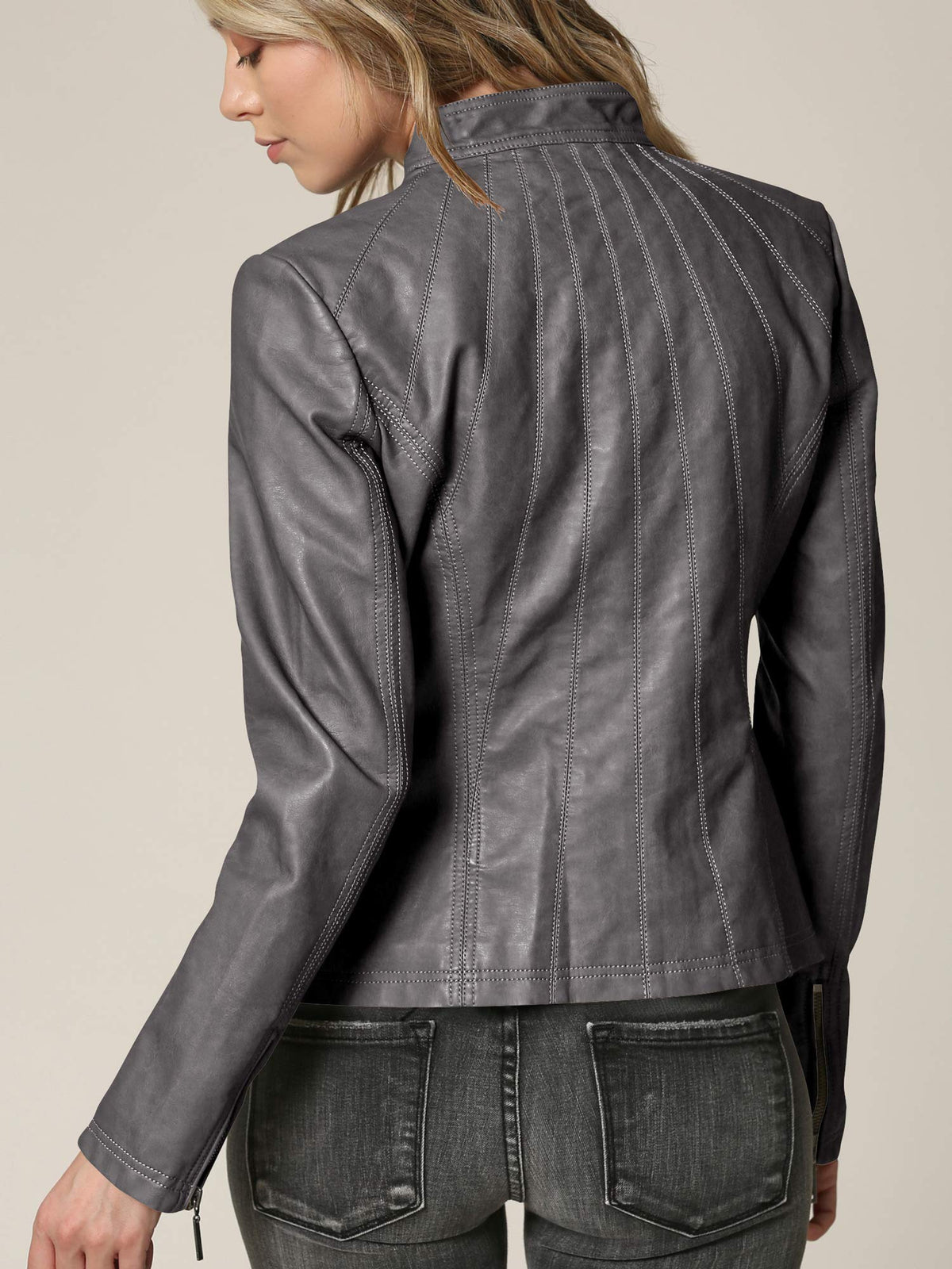 Made By Johnny MBJ WJC877 Womens Panelled Faux Leather Moto Jacket S GREY