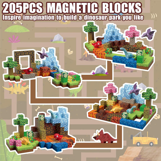 Daoyehsy 205Pcs Magnetic Blocks Dinosaur Toys Build 3D World, 1" Magnetic Building Blocks Magnet Cubes Tiles for Toddler Boys Girls 3+, STEM Sensory Building Toys Games