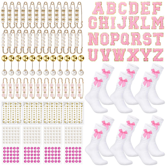 Norme 129pcs Socks Charms for Craft Night Kit 6 Pairs White Socks with Gold and Pink Charms Bulk Women Brooches and Safety Pins Pink Bow for DIY Jewelry for Craft Night Kit Gold Brooch Rhinestone