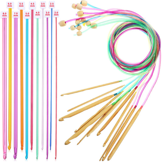 23 Pieces Tunisian Crochet Hooks Set 3-10 mm Cable Bamboo Knitting Needle with Bead Carbonized Bamboo Needle Hook 2-8 mm Assorted Color Tunisian Afghan Aluminum Crochet Hooks (Colorful Cable)