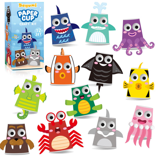 BeYumi Ocean Animals Craft Kit - 12Pcs Summer Arts and Crafts for Kids Toddler Paper Cup Craft Kit with 12 Cartoon Animal Projects DIY Gift for Birthday Party Preschool Classroom Fun Activity Ages 3-6