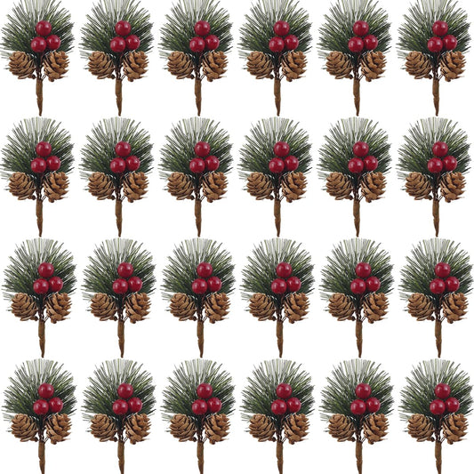 TIHOOD 25PCS Artificial Pine Picks, Pine Needles Branches with Red Berry Stems, Small Fake Berries Pinecones Branches for Crafts Christmas Tree DIY Garland Holiday Wreath