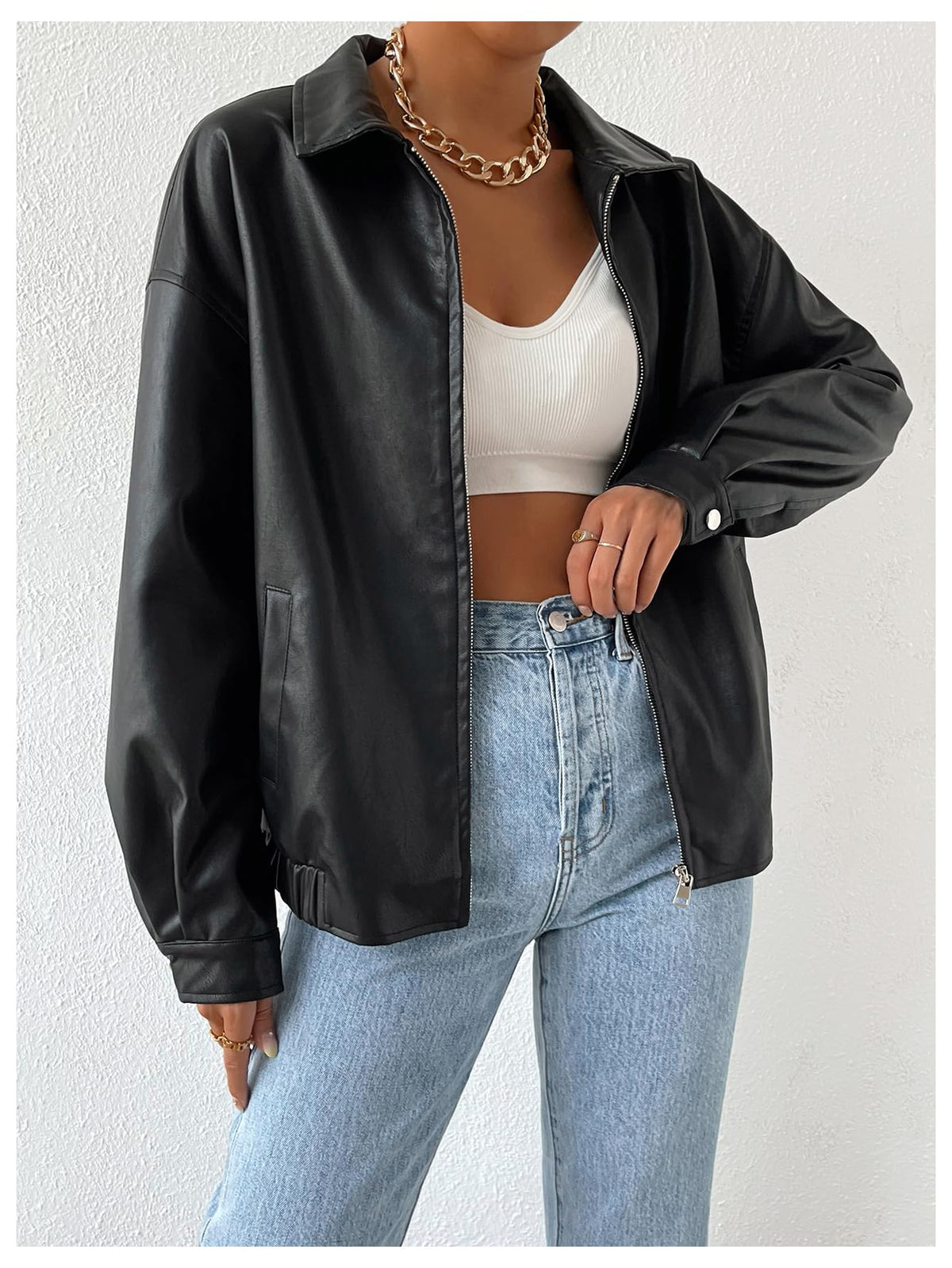 MakeMeChic Women's Faux Leather Shacket Long Sleeve Zip Up Motorcycle Jacket Biker Coat Black S