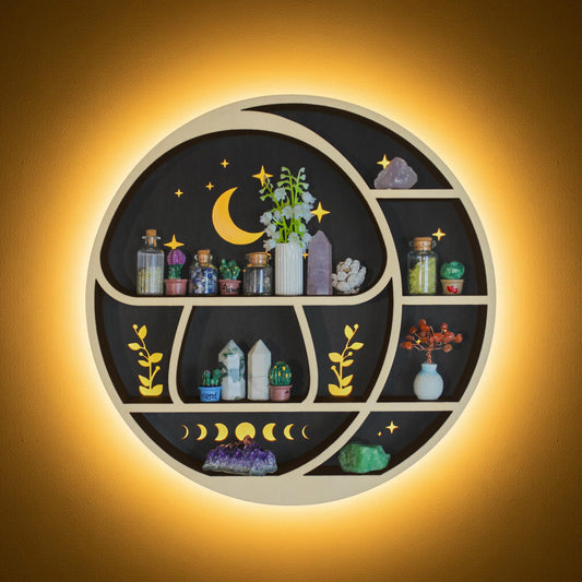 Circle Mushroom on The Moon Wall Shelf with LED Light, Wooden Trinket Knick Knack Shelf, Mushroom & Moon Decor Crystal Display Shelf for Rocks Gems Healing Stones, Cute Crystal Holder Organizer
