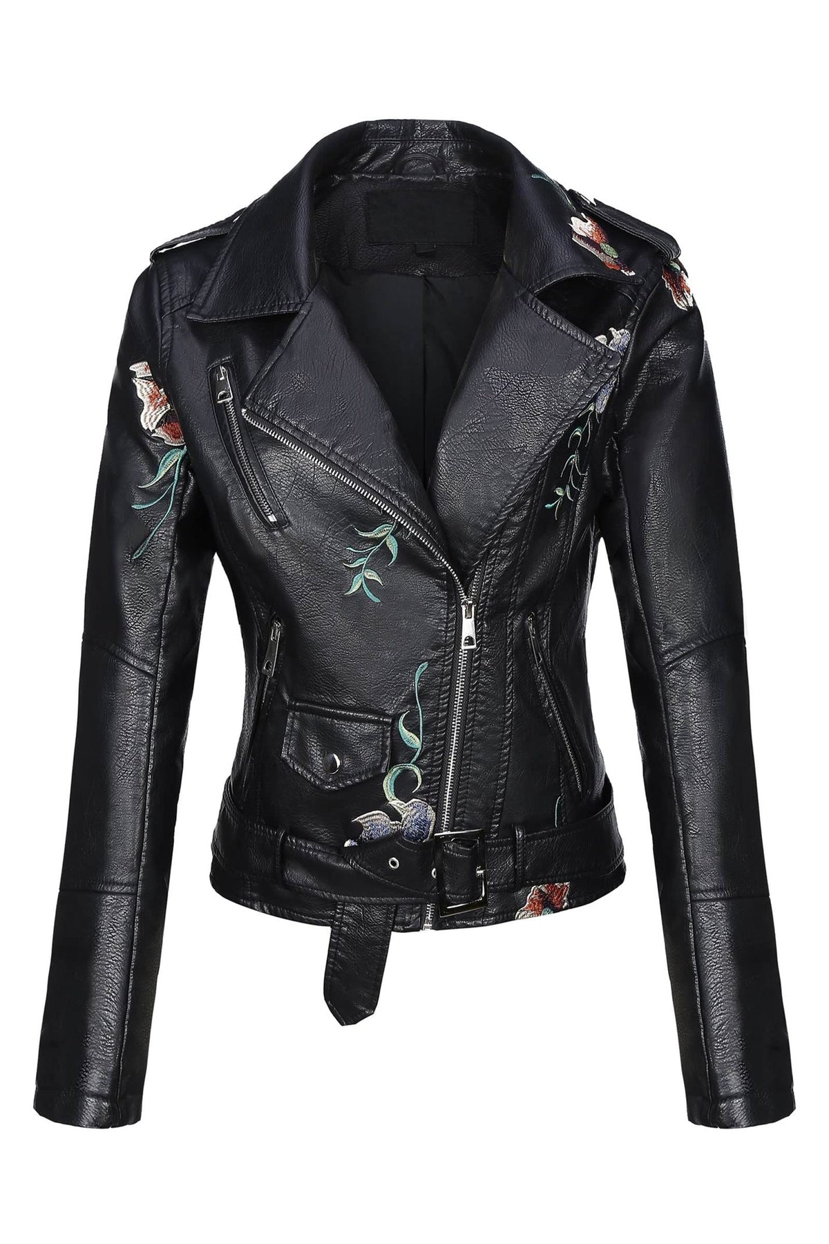Bellivera Women's Faux Leather Jacket Floral Lightweight Moto Coat Black 2XL