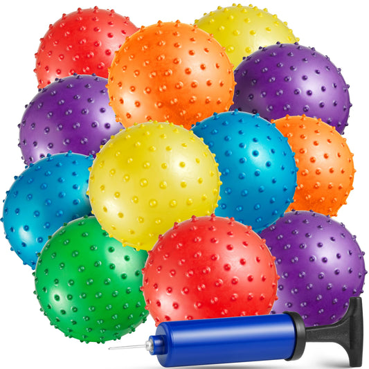 Bedwina Mini Knobby Balls - (Pack of 12) Bulk 5 Inch Sensory Balls and Spiky Massage Stress Balls with Pump, Fun Bouncy Ball Party Favors