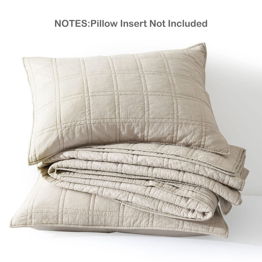 HORIMOTE HOME 100% Cotton Quilt Queen Size Beige Bedspread, Pre-Washed 3-Piece Cozy Lightweight Stitching Decorative Bedding Cover Coverlet Set with 2 Shams in Geometric Pattern for All Season