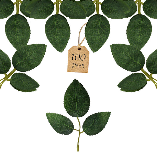 Vignor 100 Pcs Artificial Flowers Green Leaf Bulk Faux Greenery Silk Fake Rose Leaves Bouquet Garland Wreath Floral Arrangement Supplie DIY Craft (1 Stem with 3 Large-Leaf Green)