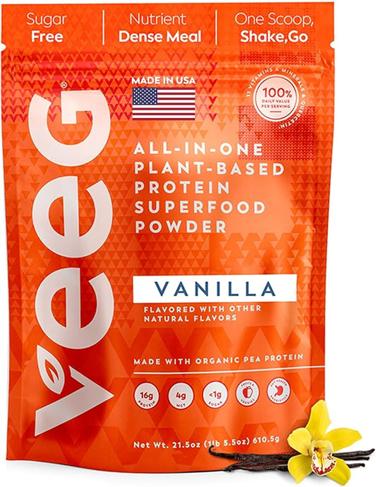 Veeg All-in-One Protein Smoothie Powder - Plant Based Protein Powder, Superfoods, Organic Greens, MCT Powder, Probiotics, Multivitamins for Men & Women, Sugar-Free, 15 Servings (Vanilla)