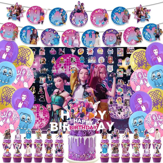 157 Pcs Demon Hunters Birthday Decorations, Party Supplies Kit with Backdrop, Banner, Cake Topper, Cupcake Picks, Balloons, Stickers for Themed Celebration