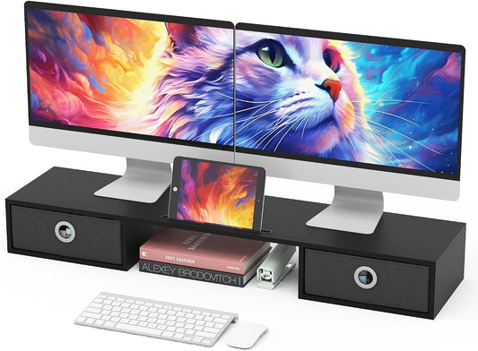 2 WESTREE Dual Monitor Stand Riser with Two Drawers, Extra Large Storage Monitor Stand for Monitors, Desktop Oraganizer