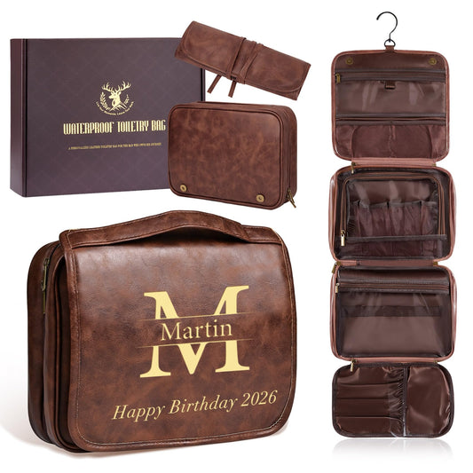 Aganmi Personalized Gifts for Men Hanging Toiletry Bag, Custom Waterproof PU Leather Dopp Kit with Laser Engraved Name, 3-in-1 Detachable Shaving Bag Gifts for Husband Dad Groomsmen Reddish Brown