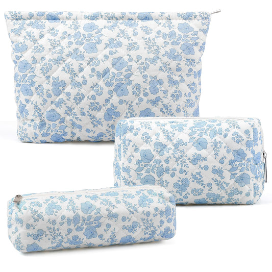 3 Pcs Makeup Bag Cosmetic Bag Set for Girls Women Checkered Travel Organizer Bathroom Toiletry Pouch Large Capacity Storage Bag(Blue Flower)