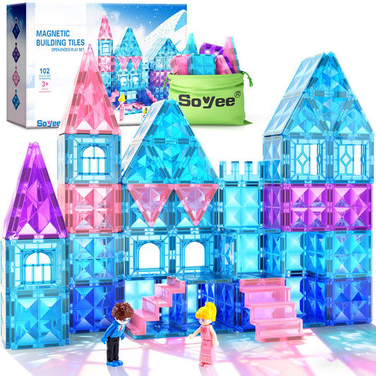 Magnetic Tiles 102pcs with 2 Stairs 2 Dolls Princess Castle Building Girls Toys Age 4-5 6-8 Magnetic Blocks Birthday Xmas Gifts for Girls Toys for 3 4 5 6 7 8+ Year Old