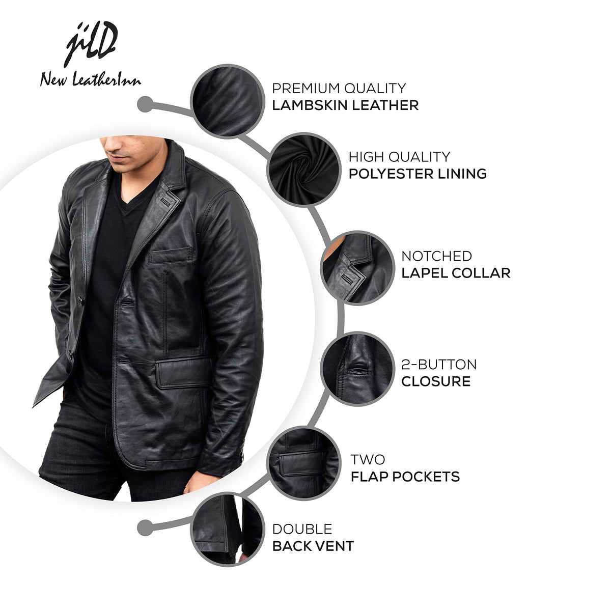Jild Lambskin Leather Jacket Men Casual Coat – Notched Collar Classic Bond’s Style Ultimate Leather Blazer for Men (NC-Blk-M)
