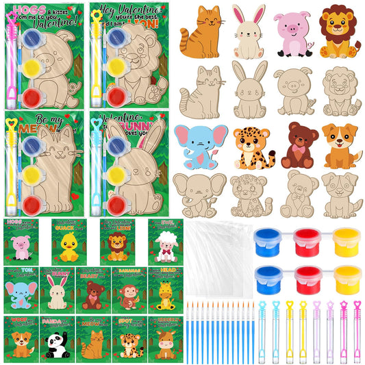 JellyArch 28 Set Animals Wood Kits Kids Painting Kit Painting Wooden Kits Bulk with Bubbles Card Watercolor Gift for Kids Classroom School Art Class DIY Craft Supplies Adopt a Pet Animals Party Favors