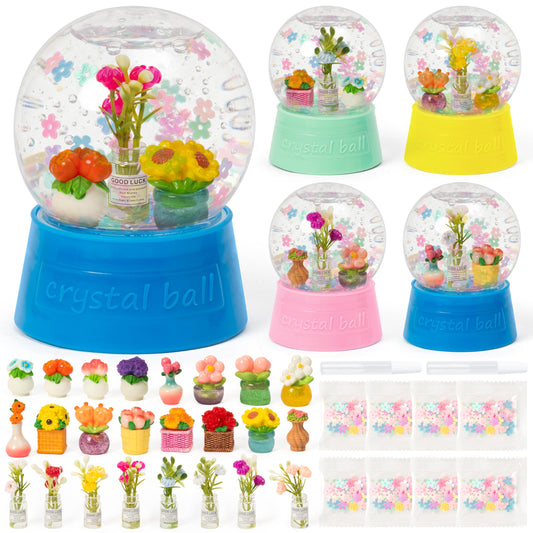 HoniedPepperino Spring Summer Snow Globes Craft Kit - 8 Set DIY Plastic Snow Globe Craft with Mini Resin Tulips, Make Your Own Graduation Party Decor with Glitter for Art Activity Gifts (Flowers)