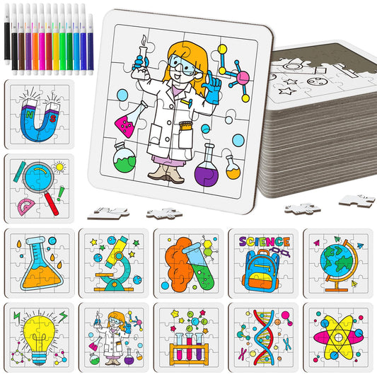 Cinrobiye 24 PCS Science Coloring Jigsaw Puzzles Bulk DIY Scientific Arts and Crafts Puzzle with Color Pens Educational Science Gifts for Home School Art Project Birthday Party Favors Supplies
