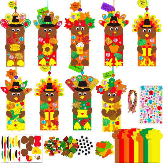 EUVBOKW 24 Sets Thanksgiving Turkey Craft Kits,Fall DIY Felt Bookmarks with Autumn Leaf Stickers Activities for Thanksgiving