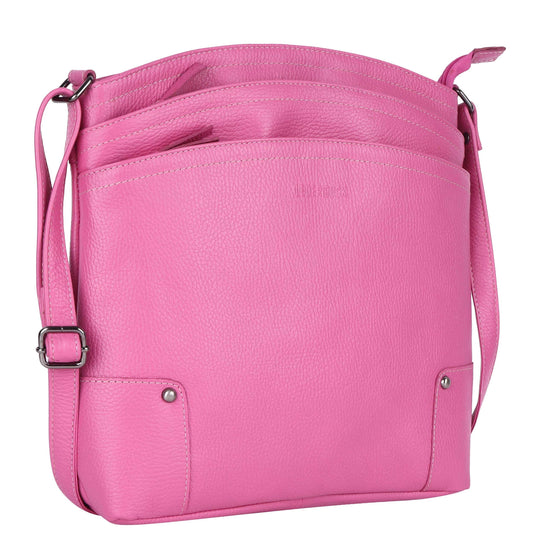 LEDERBUCK Terry Large Soft Real Leather Womens Crossbody Handbags and Purses-Triple Zip Premium Sling Crossover Shoulder Bag (Fuscia Pink)