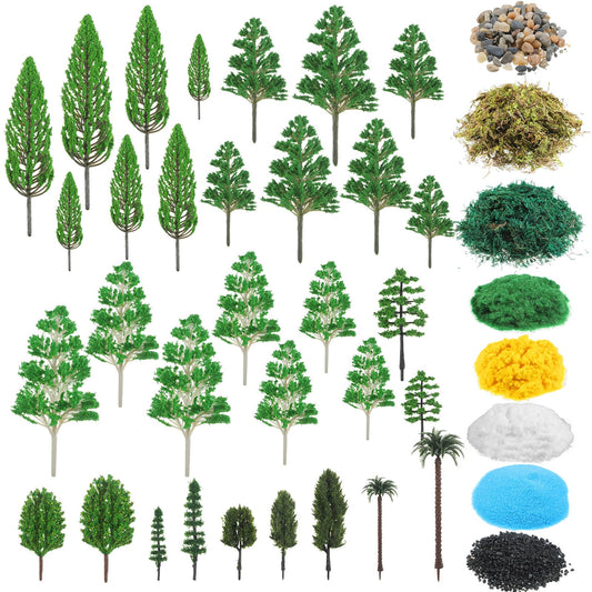 Thiccywoov 40 Pcs Diorama Supplies Kit Include 32 Miniature Trees 1.2-6.2 Inch Mini Mixed Model Plastic Fake Architecture 8 Bags Scenery Basing Material Kit for DIY Craft(Scenery Trees)