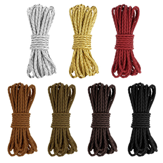 Lainballow 7 Pcs Round Braided Leather Cord, 5.5 Yards PU Leather Strap, 4mm Leather Strips for Crafts, Folded Bolo Tie Cord Rope Lace for Bracelet Necklace Beading DIY Jewelry Making (7 Colors)