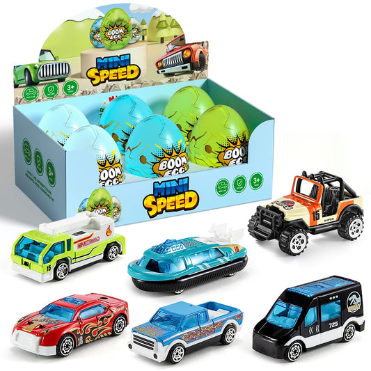 Beby Buty 6 Pack Luminous Easter Eggs with Mini Cars, Includes Off-Road Vehicles, Trucks, and Police Cars, Fun Easter Egg Hunt Toys for Kids Boys Girls 3 4 5 6 7 Years Old