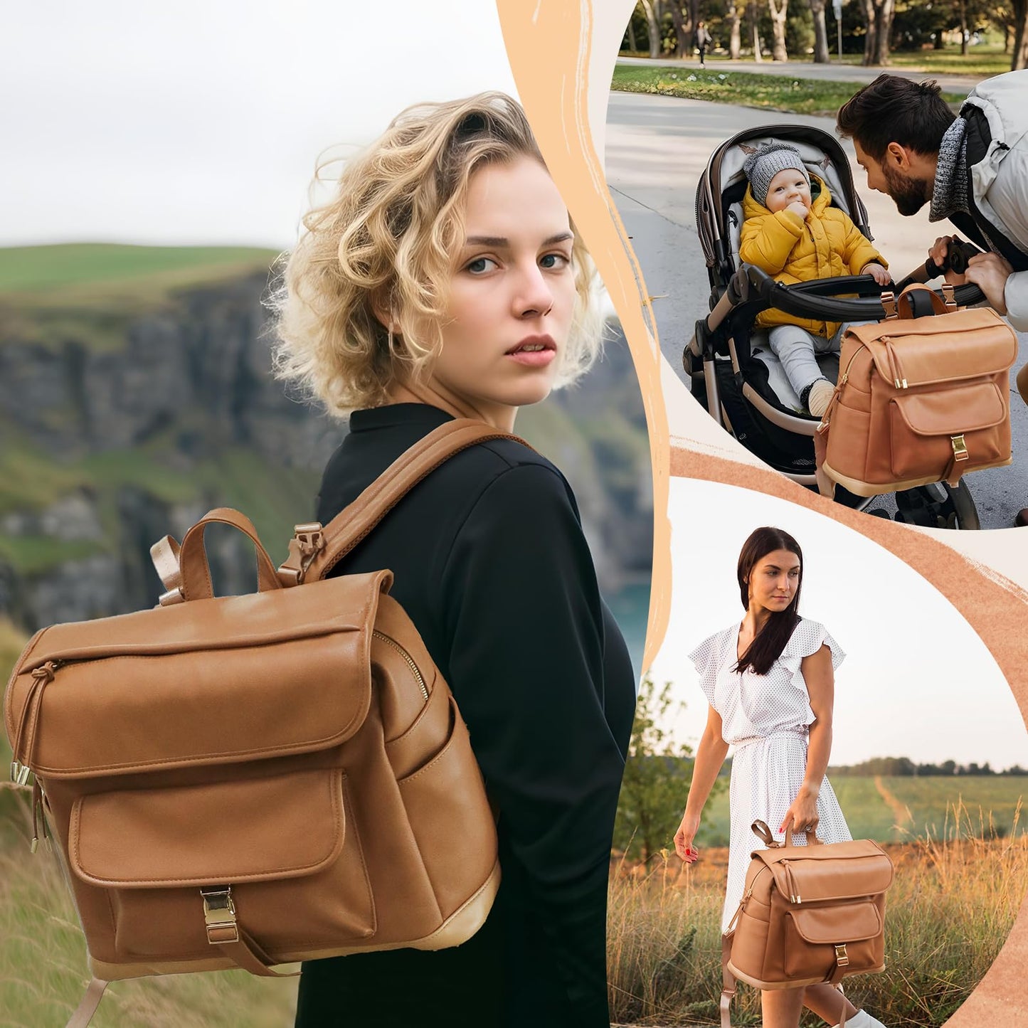 MOMINSIDE Diaper Bag Backpack, 12 Pockets Leather Mini Diaper Bag, Baby Bag Backpack, Baby Registry Search, 4 Insulated Pockets, Changing Pad, Stroller Straps(Brown)