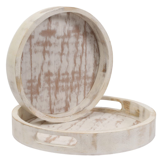 Winlay Decorative Coffee Table Tray, Set of 2 White, Wooden Round Serving Tray for Living Room, Wood Ottoman or Side Table, Charcuterie Board Cheese Platter, Fruit Baskets, White Distress, 12x12x1.5