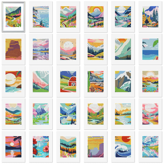 Xuhal 30 Pcs Landscape Small Diamond Painting Kits for Adults Sunrises & Sunset Mini Diamond Art Kits Mini Mountain Landscape Rhinestones Crafts with Cardboard for Home Wall Decor
