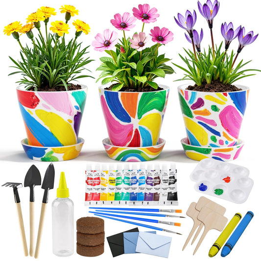Kids Gardening Set Paint and Plant Flower Gardening Kit with 3 Pots, Kids Garden Flower Growing Kit Arts and Crafts Toys Gifts for Girls Boys Children Toys Gift for Girls Boys Ages 5 6 7 8 9 10 11 12