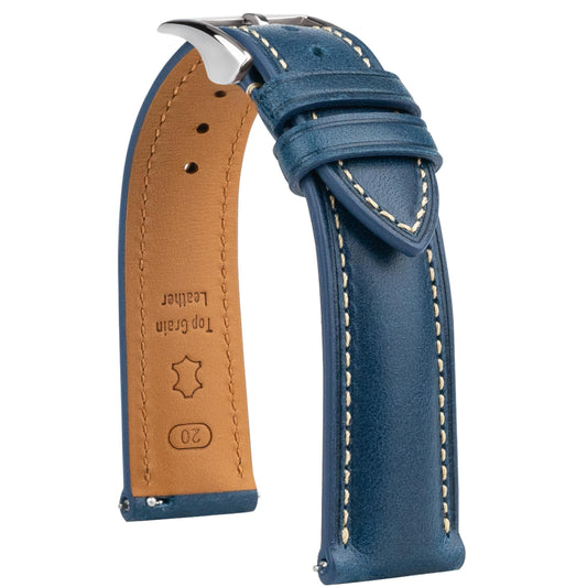 Gomvadr Vintage Genuine Top Grain Leather Watch Strap Quick Release, 18/19/20/21/22/24mm, Silver/Black Buckle, Universal Fit Unisex for Daily Wear (Blue with Silver Buckle, 24mm)
