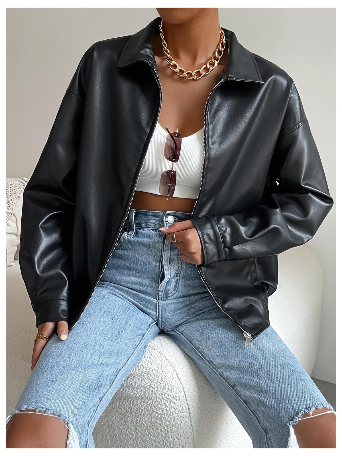 MakeMeChic Women's Faux Leather Shacket Long Sleeve Zip Up Motorcycle Jacket Biker Coat Black S