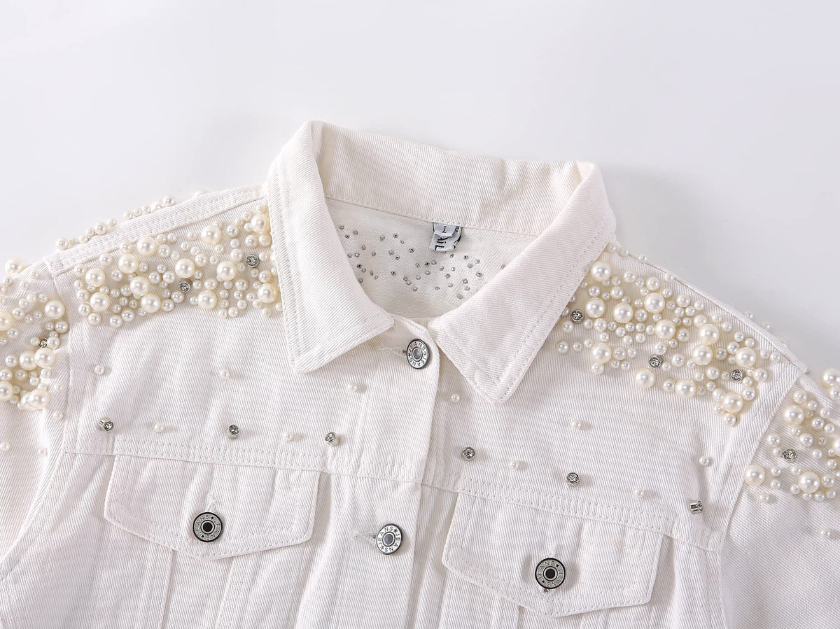 Kedera Women's Jean Jacket Embroidered Rivet Pearl Short Denim Jacket Coat