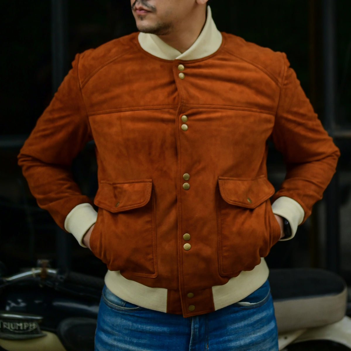 Jild Varsity Style Leather Bomber Jacket Men - Casual Fashion Real Suede Classic MA-1 Leather Jacket Men (SB-Tan-M)