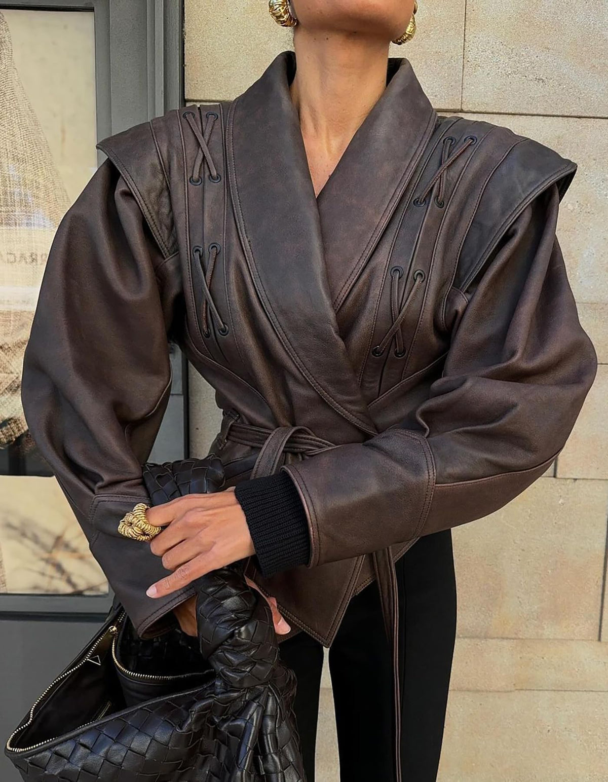 LETSVDO Leather Jacket Women Faux PU Oversized Lace Up Asymmetrical Belted Motorcycle Bomber Coats Fashion Fall Clothes