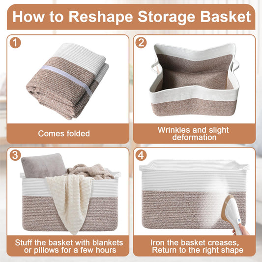 75L Extra Large Blanket Basket for Living Room - Cotton Rope Laundry Hamper Woven Baskets XXL Storage Bin with Handles for Dirty Clothes, Kids, Pets, Toys, Bedroom, 22" x 17" x 12", White & Brown