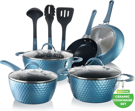 NutriChef 11-Piece Non-Stick Cookware Set | Ceramic Coating, Ergonomic Handles, Induction Ready - Royal Blue