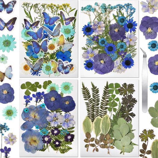 CONVELIFE Pressed Flowers112 Pcs , Blue Natural Dried Pressed Flowers with 10Butterfly Stickers, Pressed Leaves kit for Scrapbook Supplies Card Making Resin Jewelry Making Soap Candle DIY Crafts