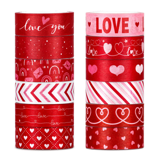 Whaline 12 Rolls Valentine Washi Tape Red Heart Love Masking Tape Sticker Assorted Design Valentine Washi Tape for Wedding Scrapbook DIY Craft Gift Wrapping, 0.6in x 16.4ft
