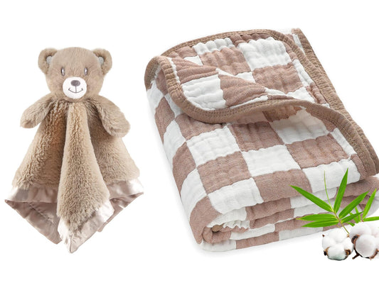 BEILIMU 2 Pack Bear Security Blanket Soft Baby Lovey Fluffy Blanket + Muslin Baby Blanket Unisex with Checkerboard Design Coffee