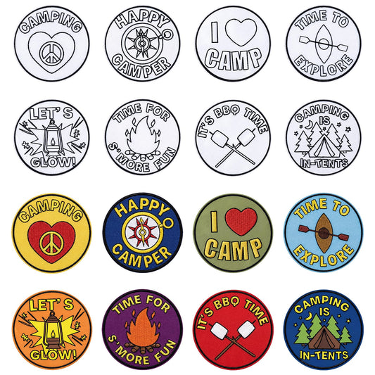 Lyrow 24 Pcs Camping Crafts Color Your Own Iron on Camp Patches Camping Coloring Iron on Embroidered Patches for Camp Party Activities DIY Clothes Hats Bags Backpack Sew Making
